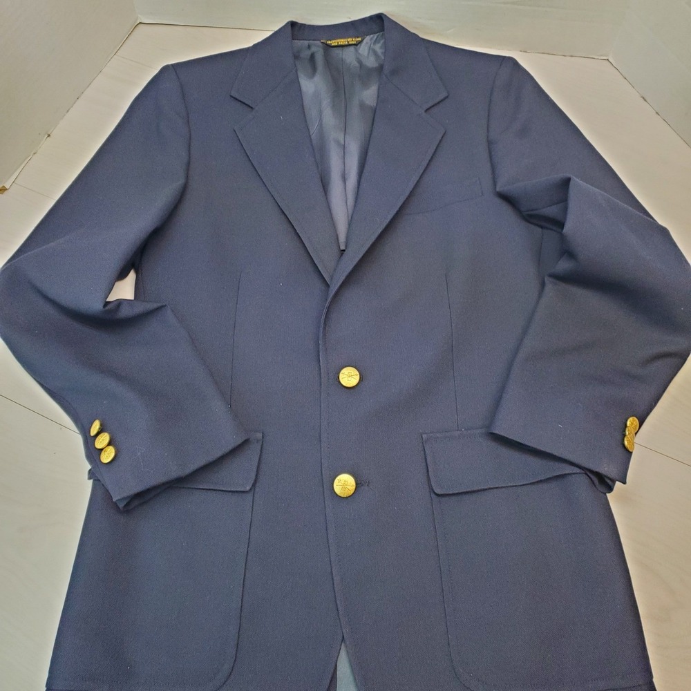 Vintage Navy Blue John Weitz Blazer Gold Crest Buttons Mens 36R Old Money Yacht
